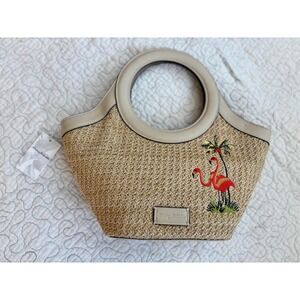Tommy Bahama Flamingo Straw Tote‎ Bag Beige Woven Tropical Beach Handbag